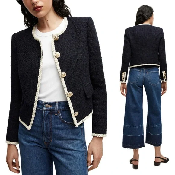 Veronica Beard Mabel Tweed Jacket Blazer Navy Ivory Trim Size 12 - Picture 2 of 16